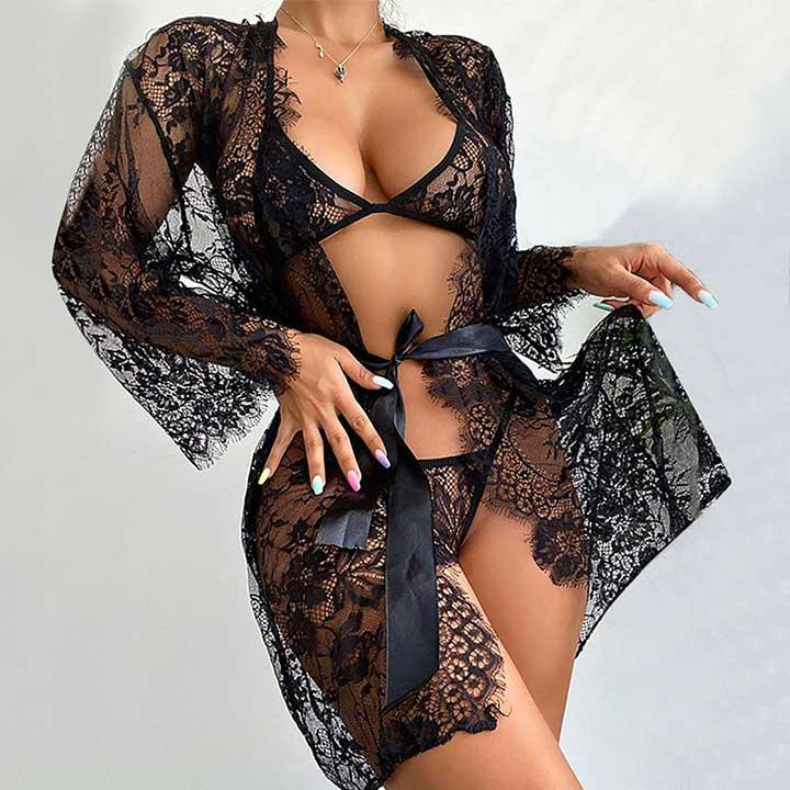 Красивий прозорий мереживний халат з ліфом і стрінгами - Чорний - XS/S - Еротична білизна Вінниця - фото 4