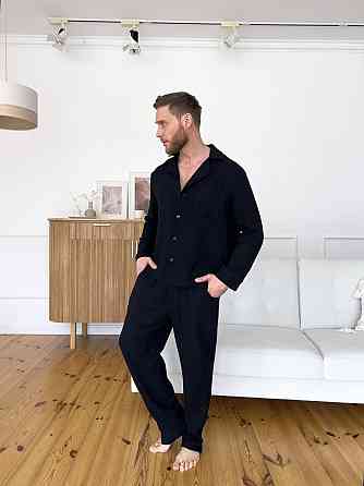 Мужская пижама муслиновая рубашка и штаны хлопок 100% COSY Estet Черная Одесса