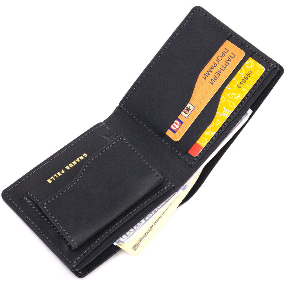 Надійне шкіряне портмоне з вінтажної шкіри в два складення Чорний (GRANDE PELLE) Київ - фото 10