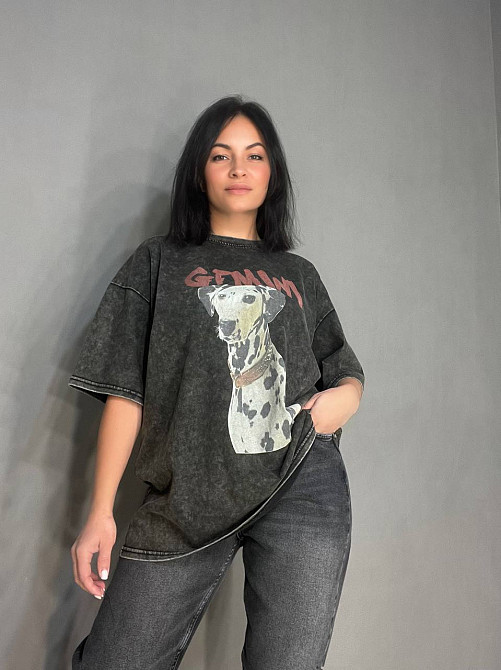 Футболка жіноча E-F 8089 варена тай дай оверсайз з малюнком собаки далматинець темно сіра, темно-сірий, 48 Київ - фото 5