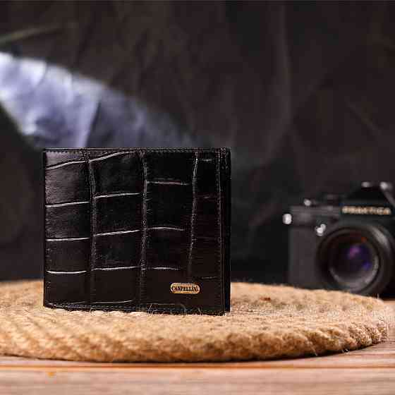 Качественный кошелек для мужчин в два сложения из натуральной фактурной кожи с тиснением под крокодила CANPELLINI 21584 Черный Киев
