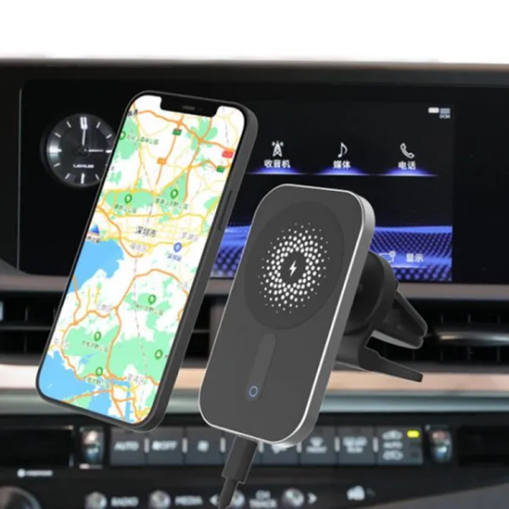 Магнітний автотримач із бездротовою зарядкою MagSafe/Qi 15 Вт, алюміній + ABS, для iPhone та смартфонів Київ