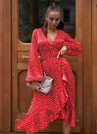 Женское романтическое летнее платье в горошек софт Красный Одесса