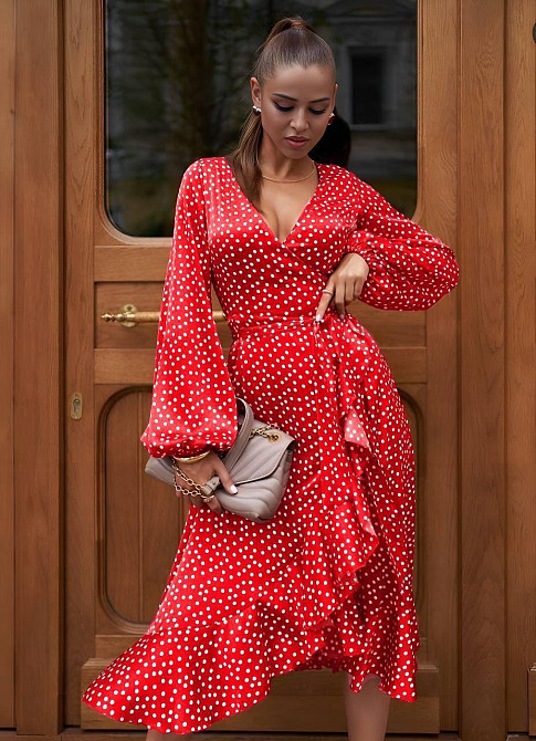Женское романтическое летнее платье в горошек софт Красный Одесса - изображение 2
