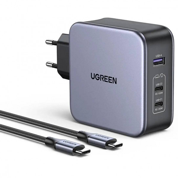 Зарядний пристрій 3xUSB 140W GaN (2хUSB-C+USB-A) CD289 with C to C Cable 1.5 м Gray Ugreen (90549) Київ - фото 3