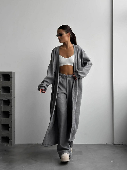 Жіночий базовий костюм-двійка: кардиган і штани палацо зі щільного рубчика Сірий Одеса - фото 2