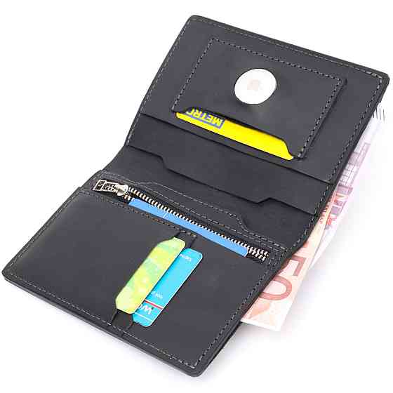 Добротное кожаное портмоне с держателем для Apple AirTag GRANDE PELLE 11623 Черный Киев