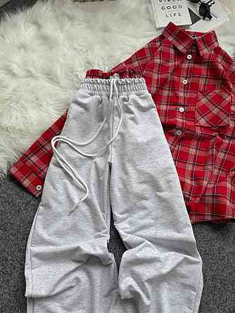 Женский повседневный костюм двойка: рубашка в клетку и штаны фланель + двунитка. Красный, 48/52 Одесса