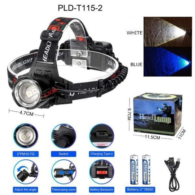 Компактный налобный фонарь PLD-T115-2PM10-TG (white+blue), Фонарик налобный мощный, Налобная лампа GB-46 Львов - изображение 10