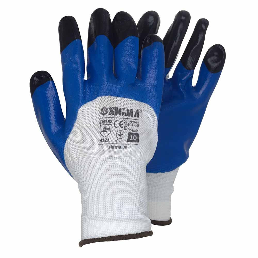Трикотажные перчатки с частичным нитриловым покрытием усиленные пальцы р10 (сине-черные, манжет) SIGMA Ровно - изображение 1