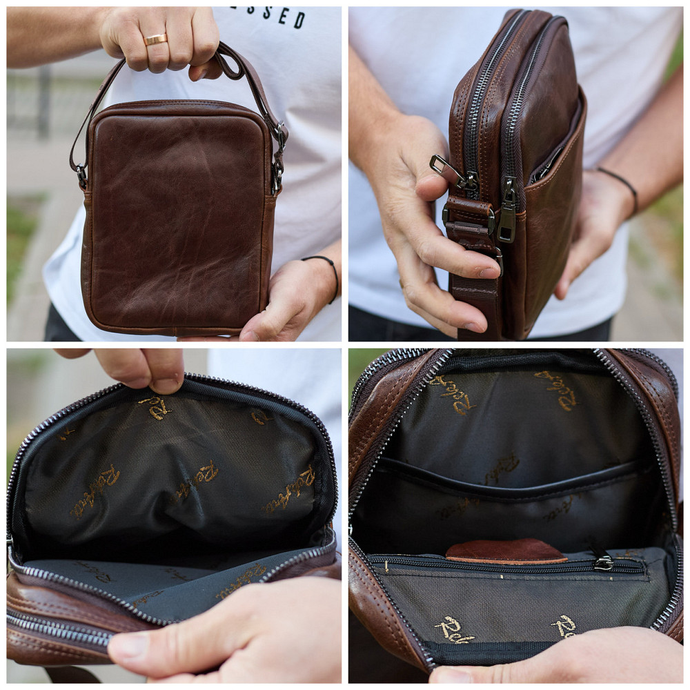 Мужской мессенджер через плечо 20х16х6, сумка планшетка для города, борсетка для телефона, коричневая Киев - изображение 6