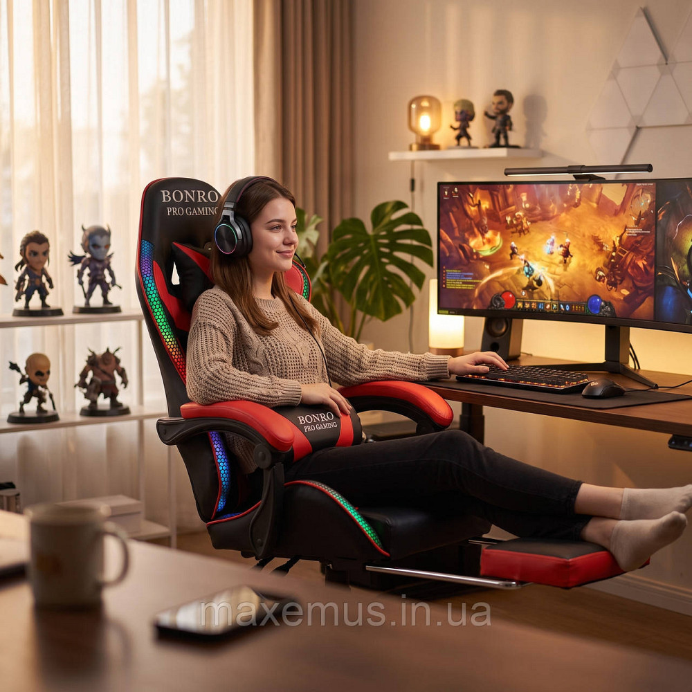 Игровое компьютерное кресло Bonro B-144 Красное с RGB-подсветкой, массажем и подножкой для геймеров Мостиська - фото 10