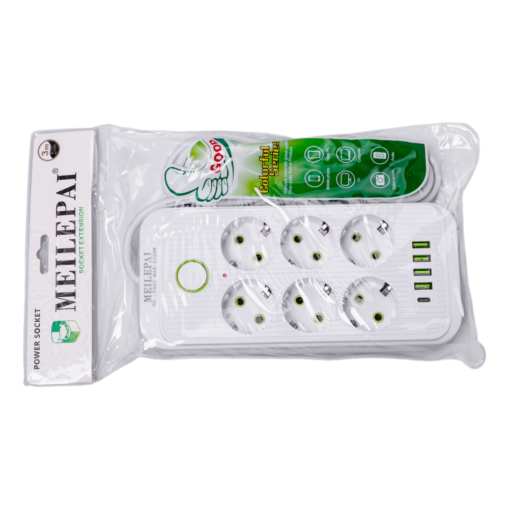 Сетевой фильтр 3 м удлинитель F06U на 6 розеток 4 USB 1 Type-C и кнопкой отключения Белый HP-5-23 Киев - изображение 9