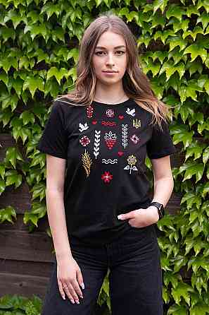 Вышиванка женская с коротким рукавом, черная хлопок топ Киев