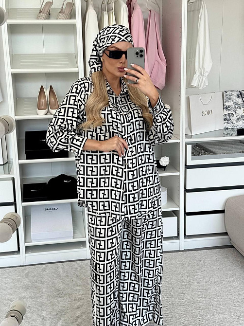 Жіночий легкий принтований костюм двійка: сорочка і штани з хустинкою сатин Одеса - фото 7