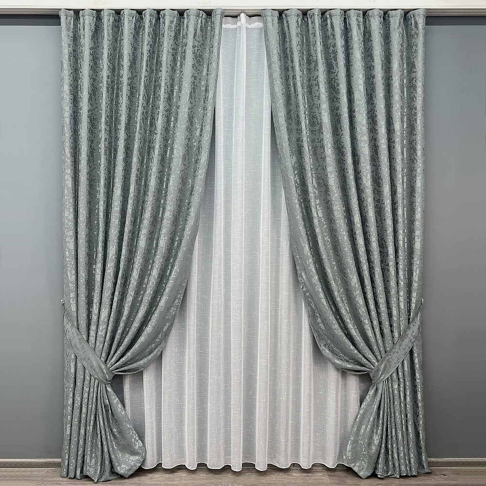 Комплект штор VR-Textil Льон Мармур 100х270 2шт і Тюль 400х270 1264ш-115т Сірий з білим 71-126/2 Київ - фото 1