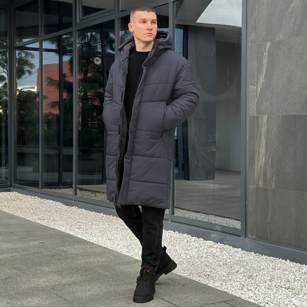 Парка зимова чоловіча куртка подовжена тепла з капюшоном Pobedov Legas темно-сіра Одеса - фото 1