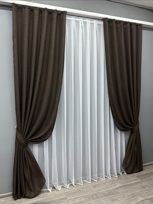 Комплект готовых штор VR-Textil Лен Мешковина № 107ш Венге 100х270 см 2 шт (31-111) Киев - изображение 3