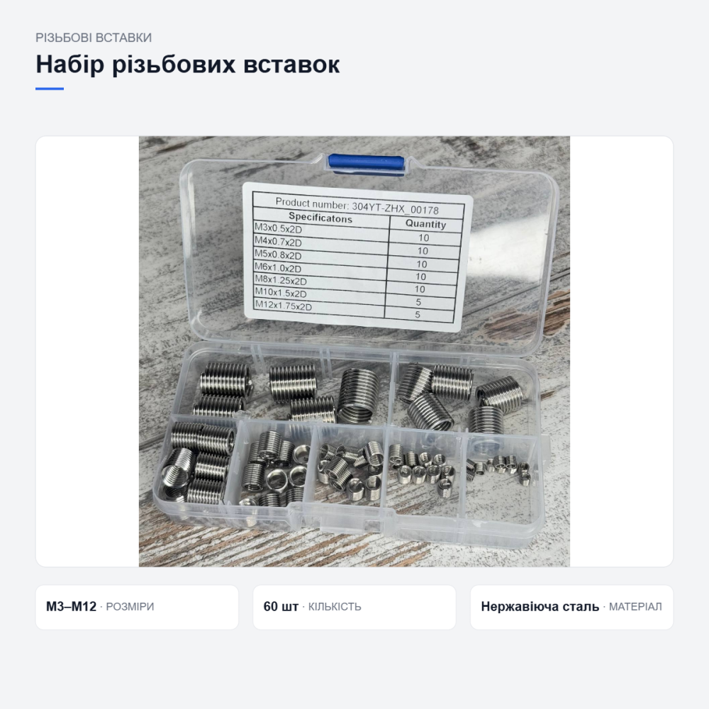 Набір різьбових вставок 60 шт у кейсі — футорки (ввертиші) з нержавіючої сталі M3–M12 для ремонту різьби Київ - фото 16