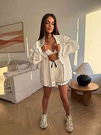 Жіночий літній костюм-двійка: сорочка та шорти в піжамному стилі натуральний льон Білий Одеса