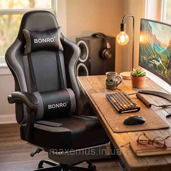 Кресло компьютерное офисное Bonro B-059 Серое с выдвижной подставкой для ног, откидной спинкой и экокожи Мостиська