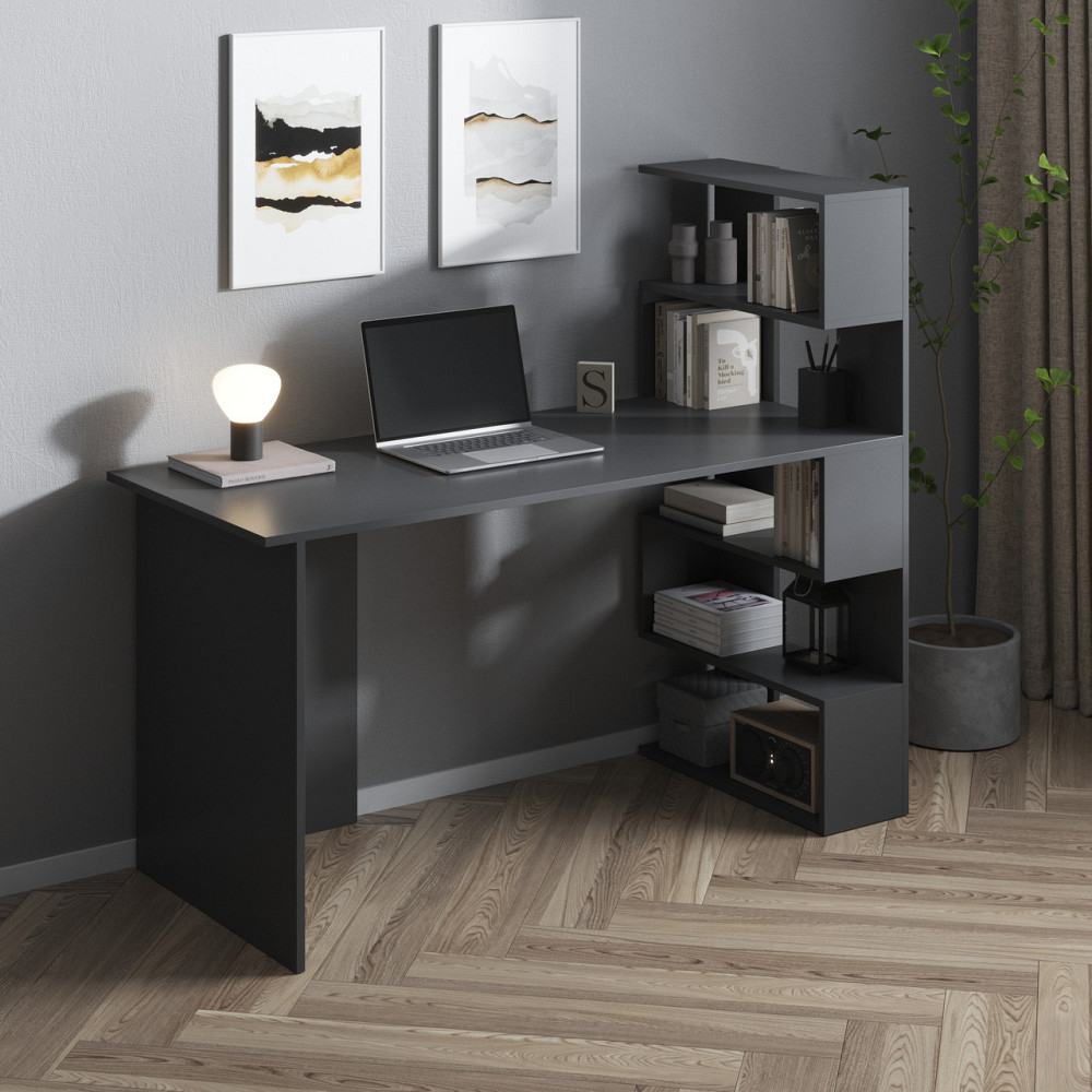 Компьютерный стол VAYS M-15 Антрацит, письменный с полками справа, ЛДСП, 142×60×123 см – для дома, учебы, офиса Львов - изображение 1