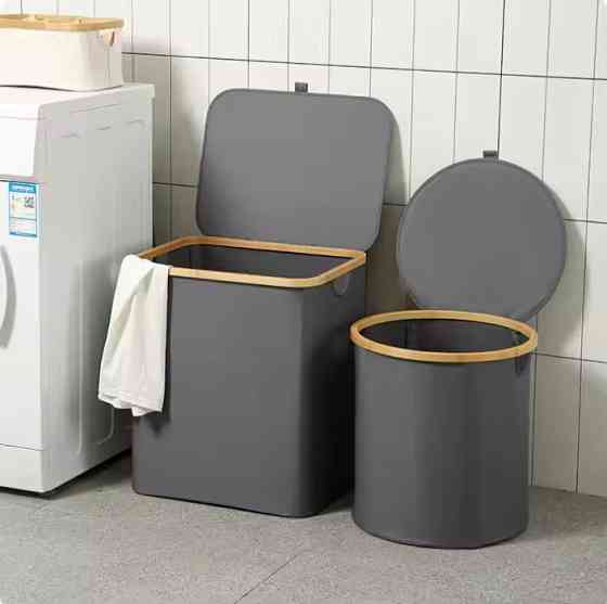 Корзина для белья складная с крышкой и бамбуковыми ручками,серая Каменец-Подольский