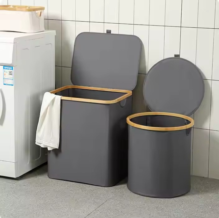 Корзина для белья складная с крышкой и бамбуковыми ручками,серая Каменец-Подольский - изображение 4