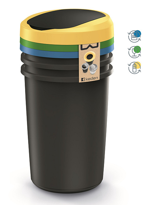 Баки для сортування сміття Keden COMPACTA R, комплект 3x40 л, чорний, кришка синя, зелена, жовта Київ - фото 3