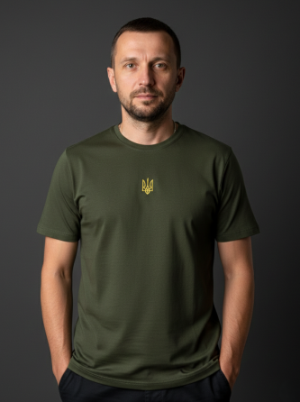 Футболка кольору хакі з вишитим Тризубом посередині 3XL Київ