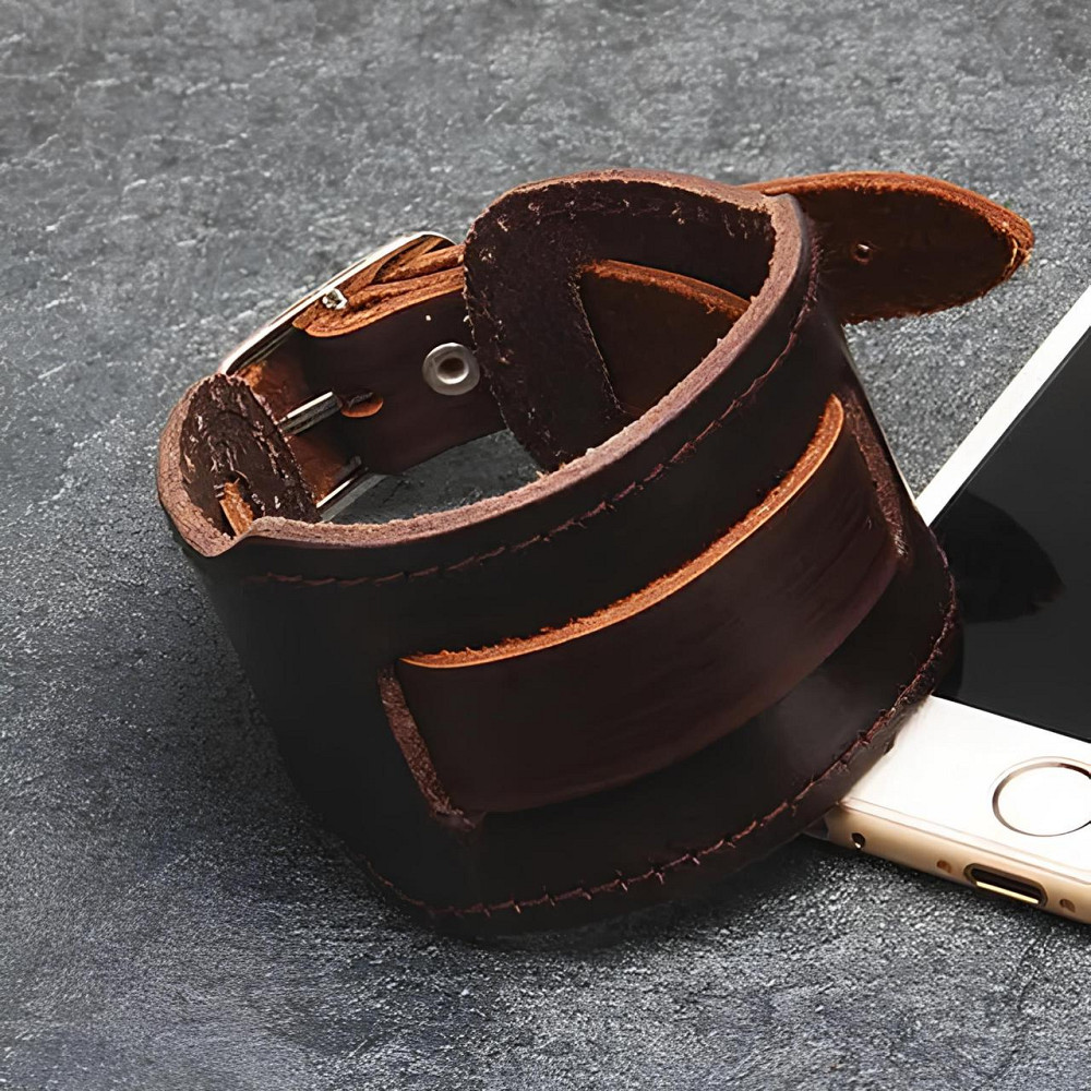 Шкіряний браслет для годинника RESTEQ 48 мм — широкий коричневий ремінець з натуральної шкіри, стильний змінний ремінь для Київ - фото 1