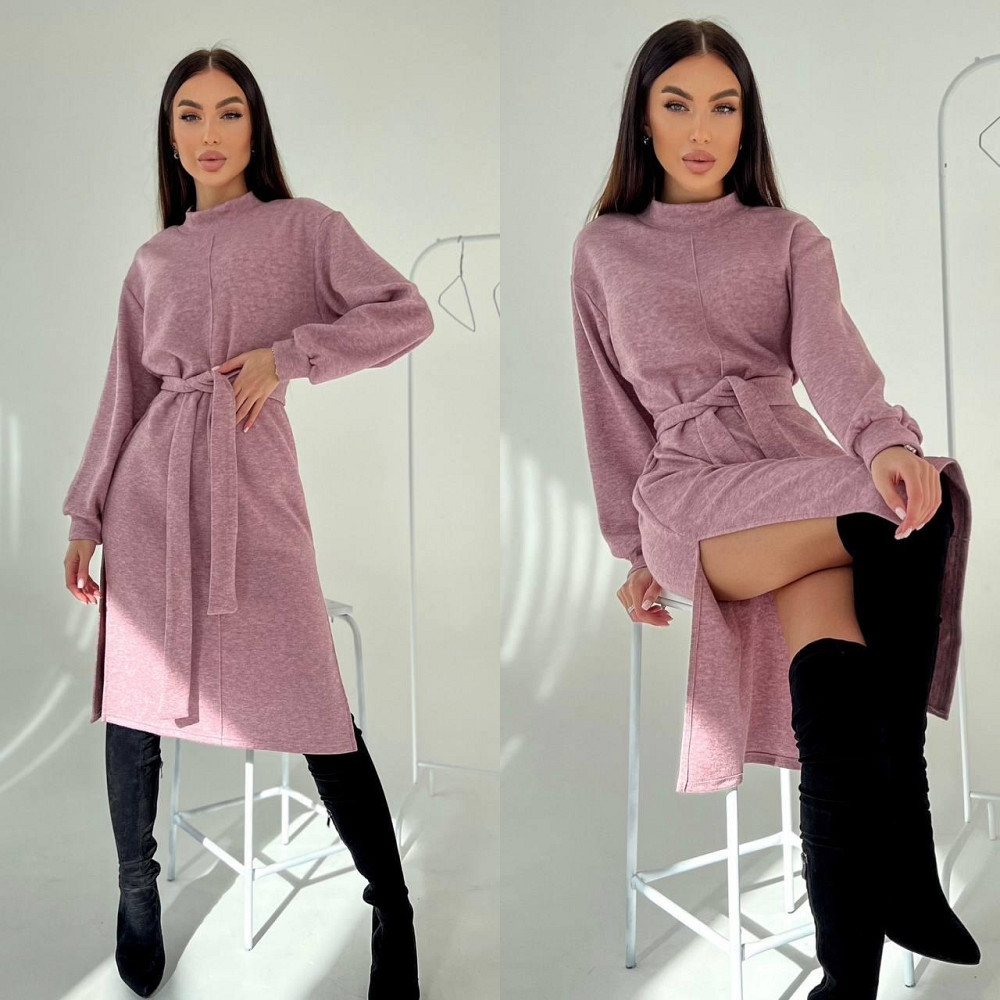 Женское стильное теплое удобное платье с разрезами турецкая двухсторонняя ангора люкс Пудра, 42/46 Одесса - изображение 1