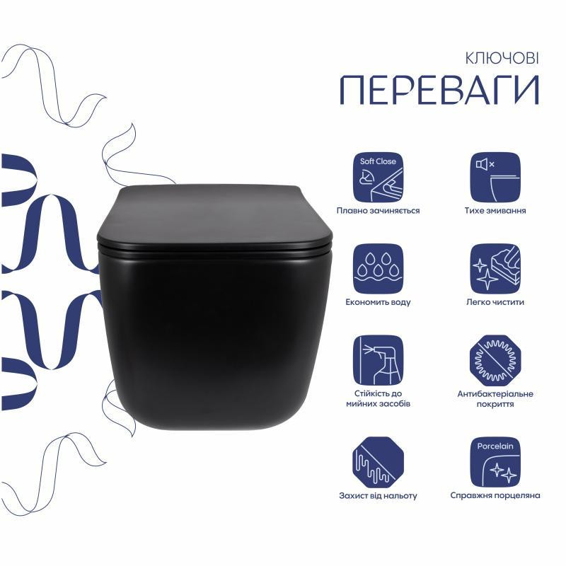 Унітаз підвісний Qtap Gemini Ultra Quiet 485×340×350 мм, Matt Black, із сидінням Slim Duroplast/Soft-close/Quick Release Київ - фото 3