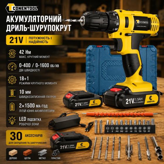 Акумуляторний дриль-шурупокрут Conentool 21V 42 Нм з 2 акумуляторами 1500 мА·год, кейс, 30 аксесуарів Київ