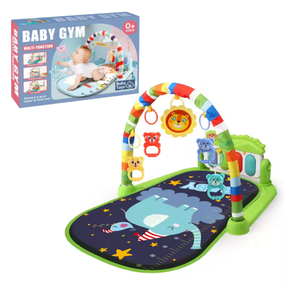 Игровой детский коврик с музыкальным пианино, подвесными игрушками, шкалой роста, принт зеленый слон Каменец-Подольский