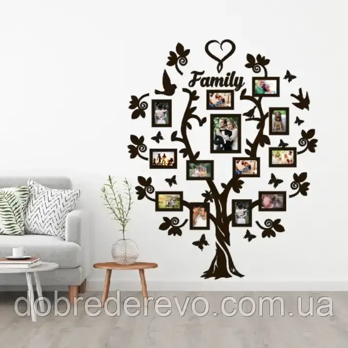 Семейное дерево сердце  на 13 фото рамок, Родовое дерево wooden heart Вижница - изображение 2