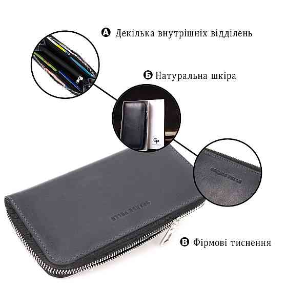 Стильний гаманець-клатч на блискавці із натуральної шкіри GRANDE PELLE 11644 Синій Київ