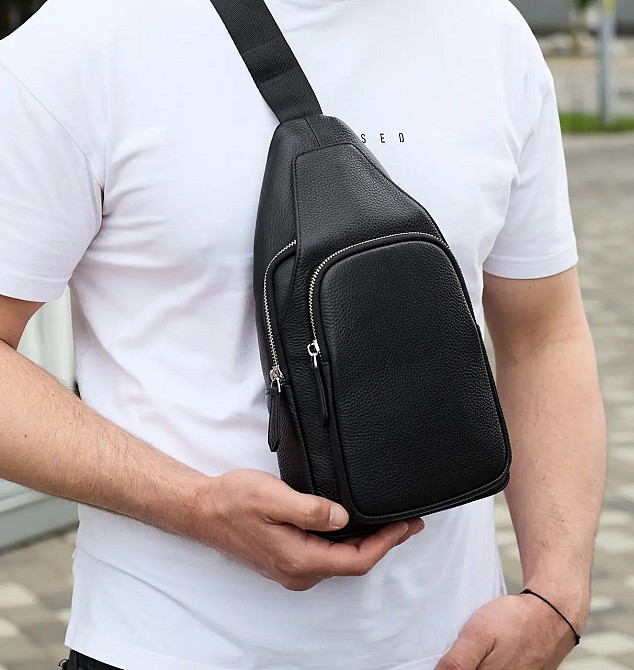 Мужская кожаная сумка слинг через плечо из натуральной кожи черная TIDING BAG Киев - изображение 3