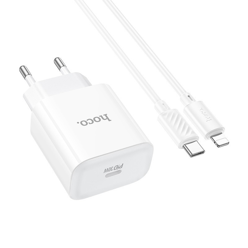 Мережевий зарядний пристрій з кабелем HOCO C76A Pro Majestic single port PD30W charger set (C to iP)(EU) White Одеса - фото 5