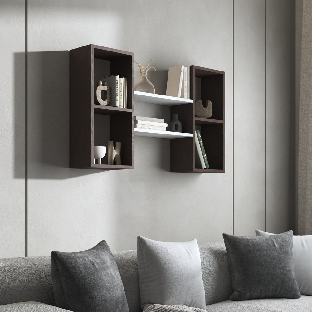 Навісна полиця VAYS M-11 Венге Темний-Білий, з нішами для книг і декору, ЛДСП, 100×18×60 см - для вітальні, спальні, кабінету Львів - фото 1