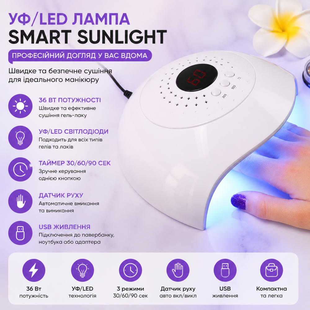 Уцінка. УФ/LED лампа для манікюру Smart Sunlight (36 Вт) — Портативна сушарка для гель-лаку (USB) Київ - фото 7