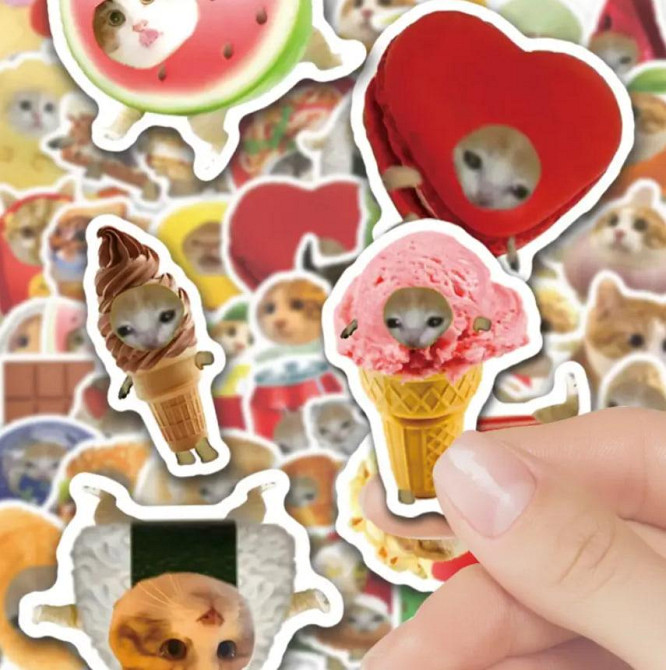 Стікери з котами та їжею - Водонепроникні вінілові наклейки з котами, стікербомбінг. Набір 50 штук. Київ - фото 5