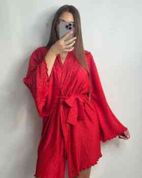 Жіночий халат із тканини стрейч-плісе з поясом Червоний Харків