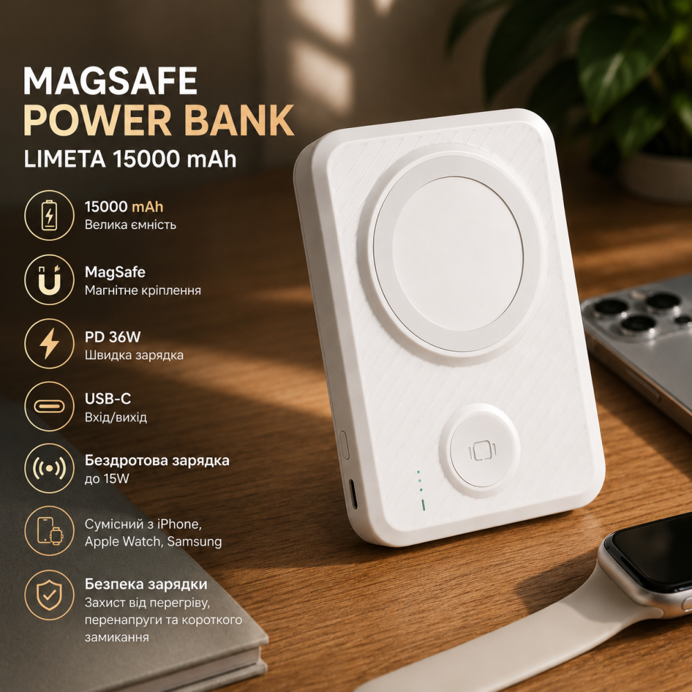 Повербанк LIMETA PB50 DW 15000 мАг MagSafe PD 36W з бездротовою зарядкою для iPhone та Apple Watch, Bluetooth, USB-C, білий Київ - фото 14