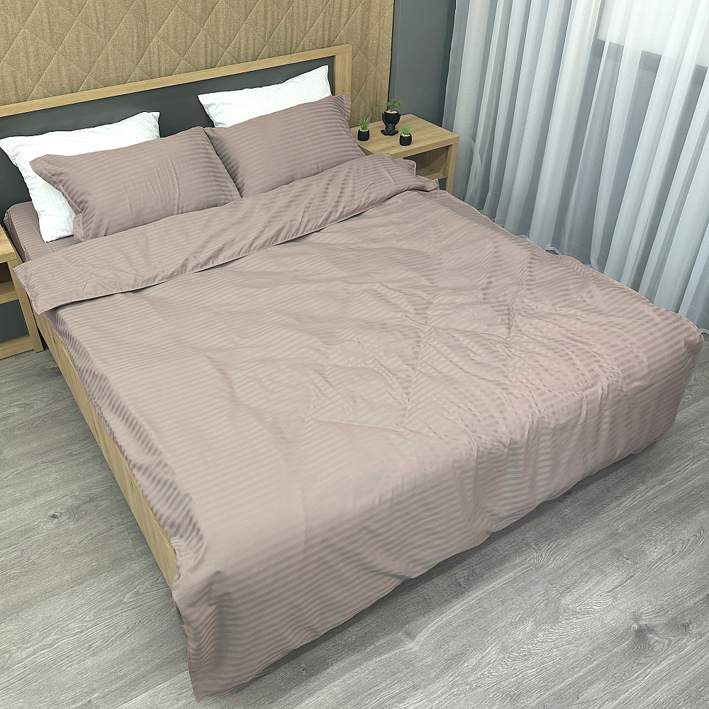 Комплект постільної білизни Страйп-сатин Євро 200х230 з простирадлом на резинці Сіро-бежевий (88-184) Київ - фото 2