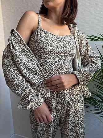 Жіночий леопардовий костюм-трійка з подвійним капюшоном двонитка Беж, 46/48 Одеса