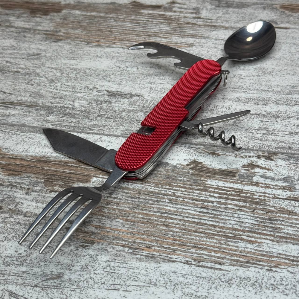 Туристический набор столовых приборов 6 в 1, складной нож, ложка, вилка, открывалка, штопор, походный комплект Киев - изображение 6