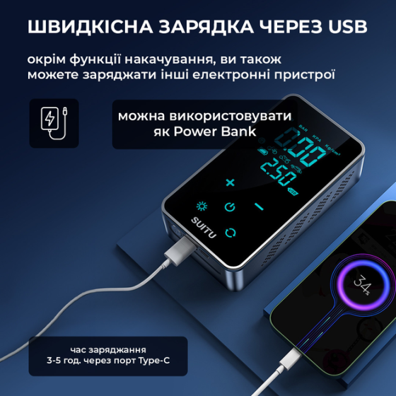 Автокомпрессор портативный мощный аккумуляторный, давление до 10 атмосфер, 16л/мин, SUITU, черный Киев