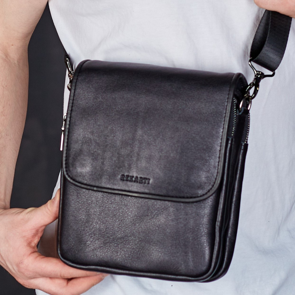 Месенджер із клапаном через плече 24х20х6, шкіряна барсетка Tiding Bag TD-20033 чорна Київ - фото 11