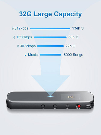 Диктофон Jolike 32GB - голосова активація 3072 Кбіт/с перезаряджуваний пристрій запису з USB-C Дніпро - фото 5
